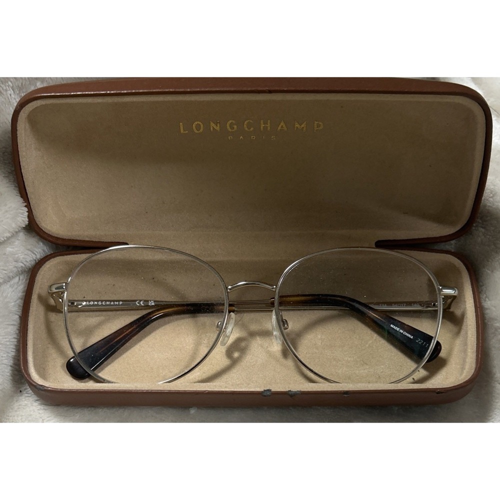 Longchamp LO2140 714 Silver Brown Tortoise Round Eyeglass Frames 53-17-140 Case